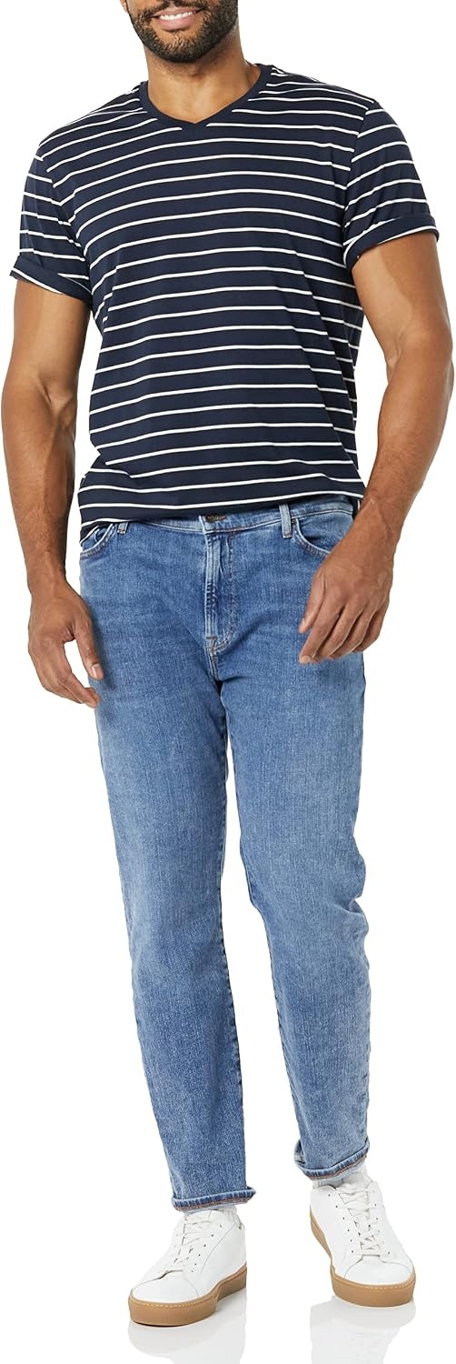 image:imageAmazon Essentials Mens Cotton ShortSleeve VNeck TShirts Pack of 2Heather GreyNavy Stripe