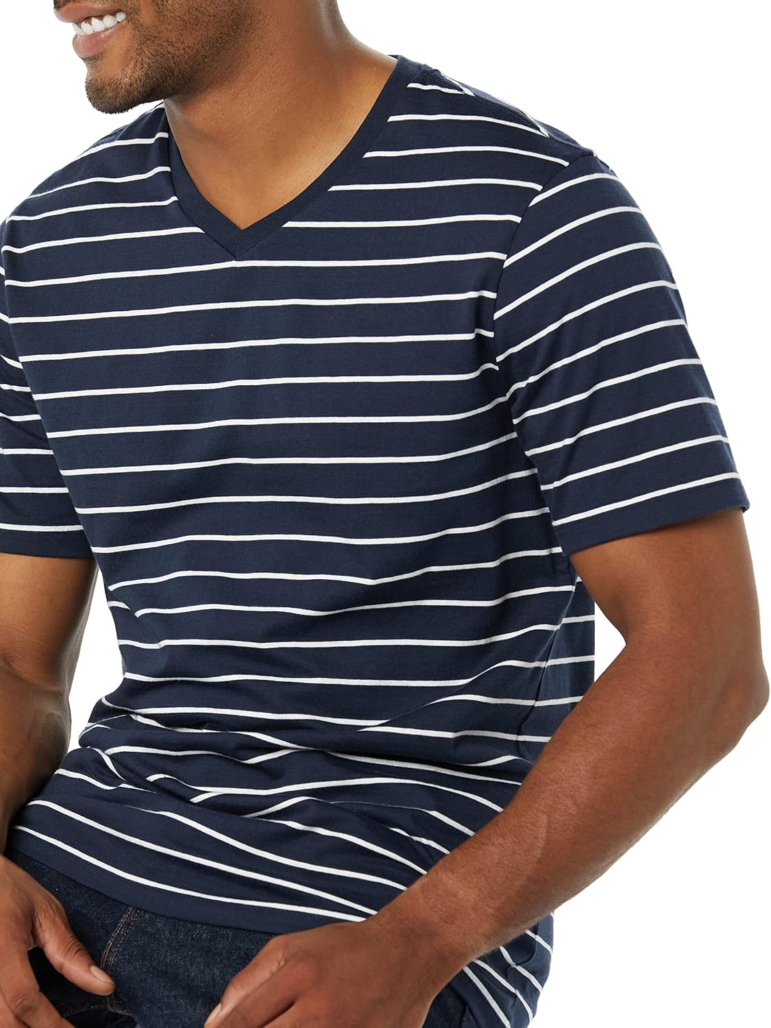 image:imageAmazon Essentials Mens Cotton ShortSleeve VNeck TShirts Pack of 2Heather GreyNavy Stripe