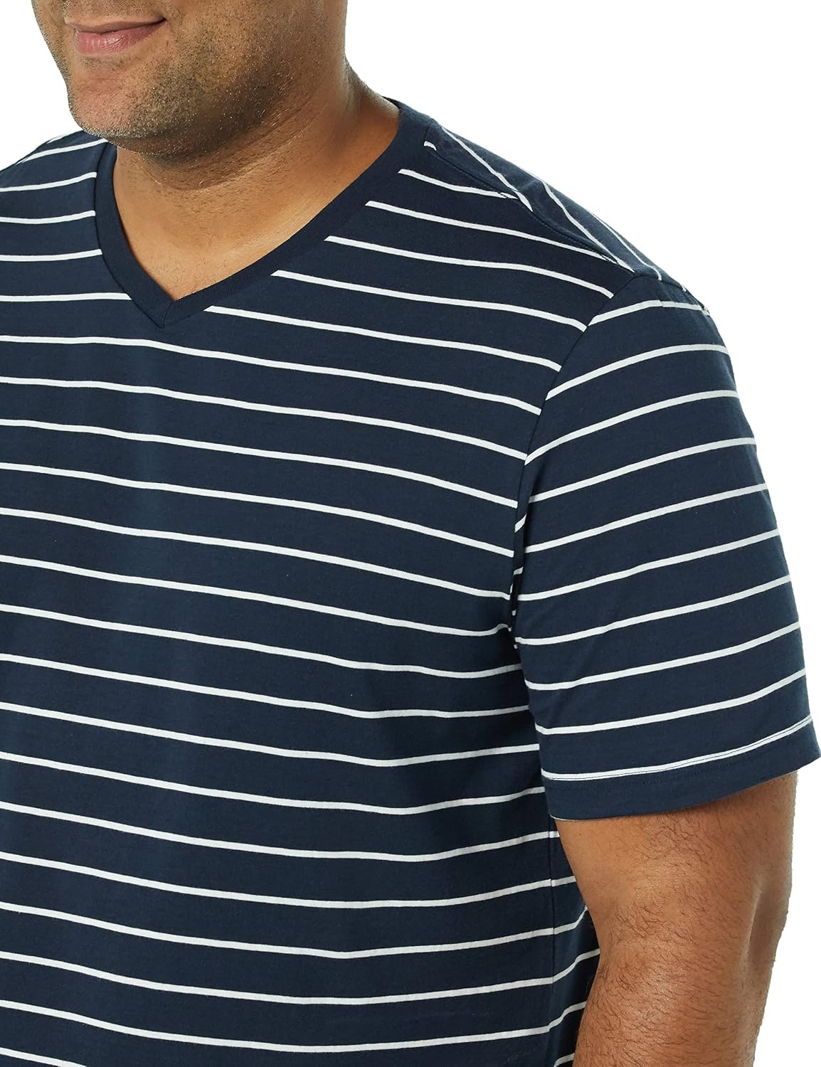 image:imageAmazon Essentials Mens Cotton ShortSleeve VNeck TShirts Pack of 2Heather GreyNavy Stripe