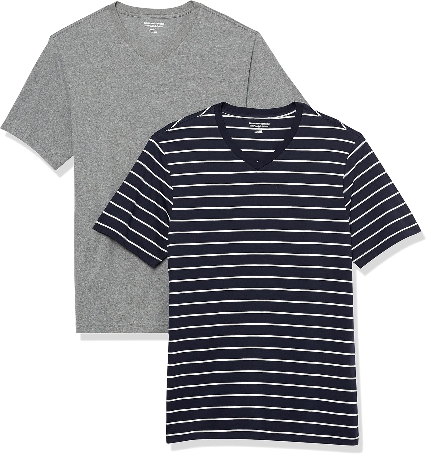 image:imageAmazon Essentials Mens Cotton ShortSleeve VNeck TShirts Pack of 2Heather GreyNavy Stripe
