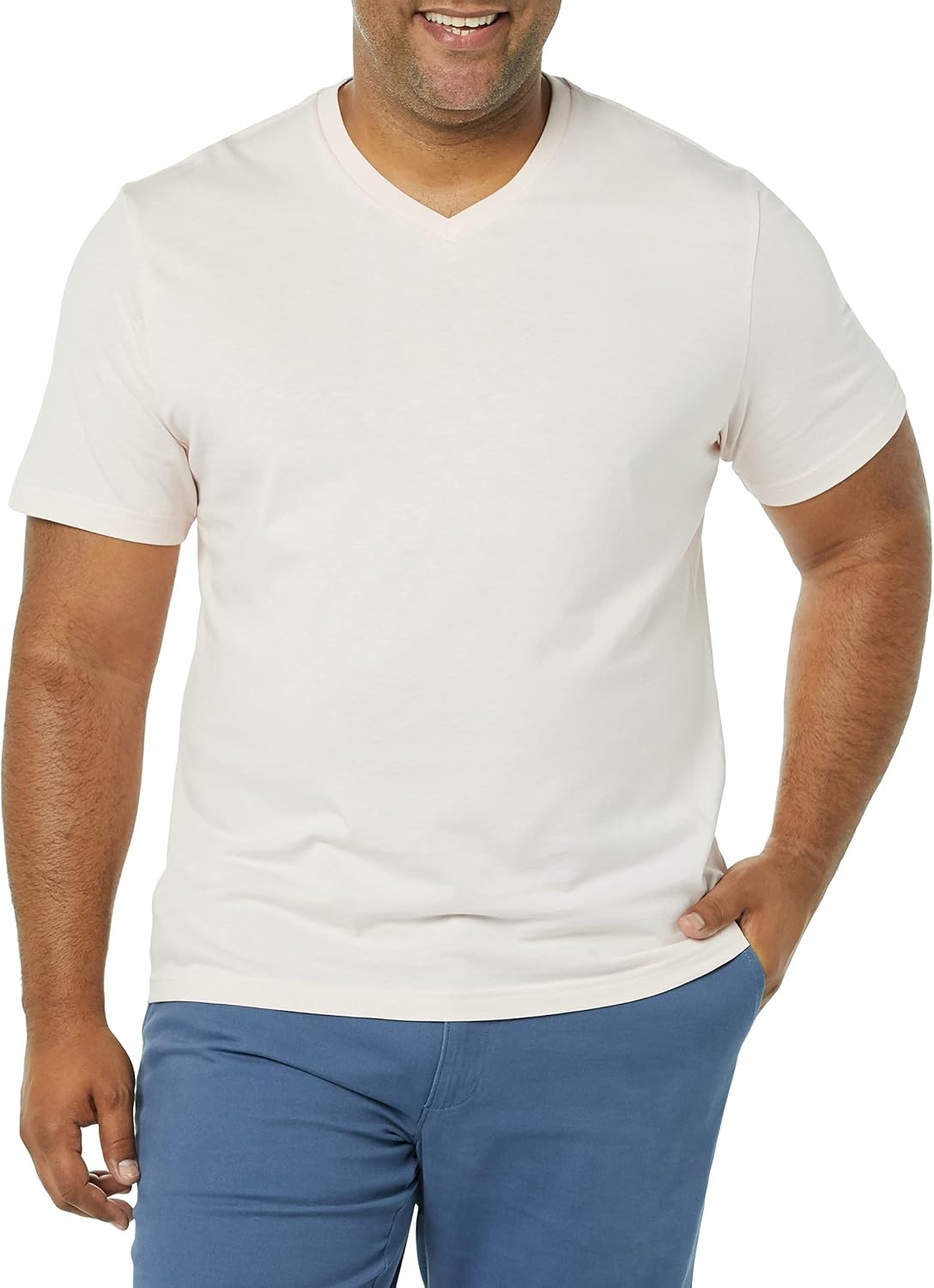 image:imageAmazon Essentials Mens Cotton ShortSleeve VNeck TShirts Pack of 2Heather GreyPale Pink