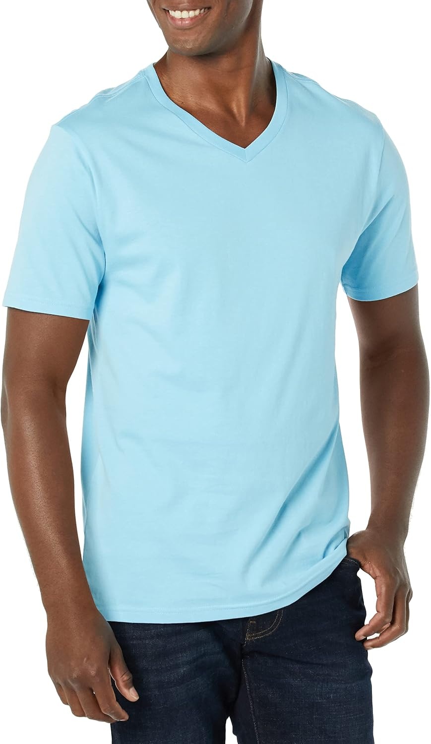 image:imageAmazon Essentials Mens Cotton ShortSleeve VNeck TShirts Pack of 2Light BlueLight Aqua