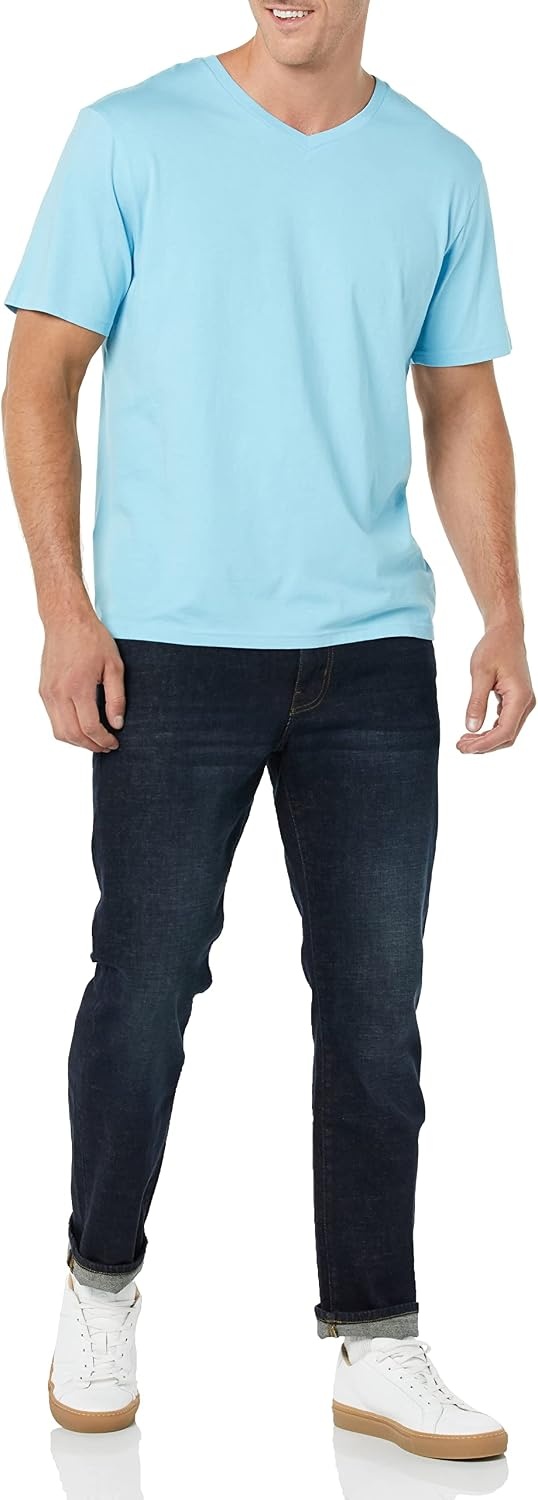 image:imageAmazon Essentials Mens Cotton ShortSleeve VNeck TShirts Pack of 2Light BlueLight Blue