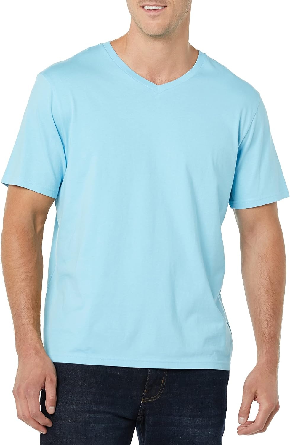 image:imageAmazon Essentials Mens Cotton ShortSleeve VNeck TShirts Pack of 2Light BlueLight Blue