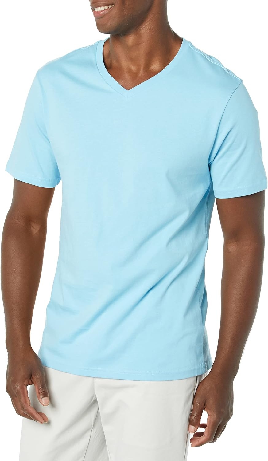 image:imageAmazon Essentials Mens Cotton ShortSleeve VNeck TShirts Pack of 2Light BlueLight Blue