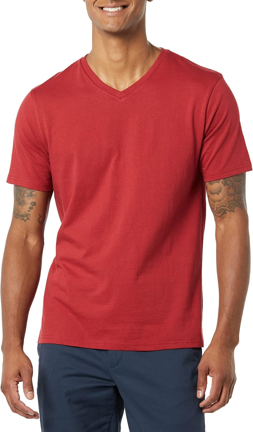 image:imageAmazon Essentials Mens Cotton ShortSleeve VNeck TShirts Pack of 2NavyDark Red