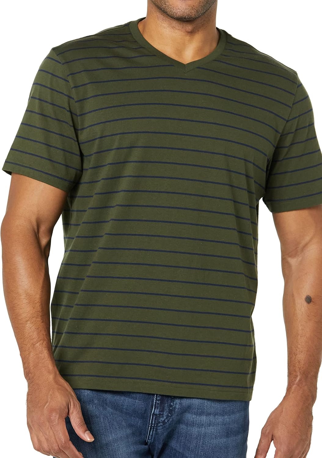 image:imageAmazon Essentials Mens Cotton ShortSleeve VNeck TShirts Pack of 2NavyOlive Stripe