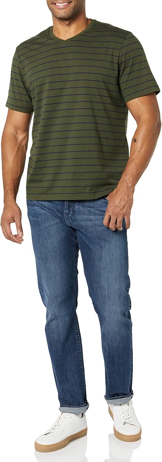 image:imageAmazon Essentials Mens Cotton ShortSleeve VNeck TShirts Pack of 2NavyOlive Stripe
