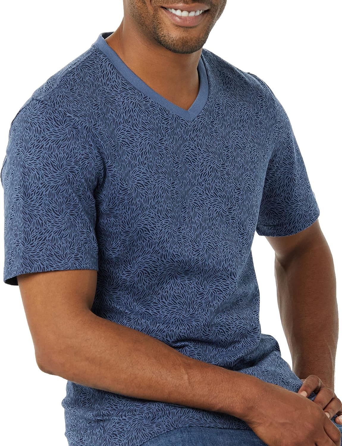 image:imageAmazon Essentials Mens Cotton ShortSleeve VNeck TShirts Pack of 2Washed Blue Tonal Floral Print