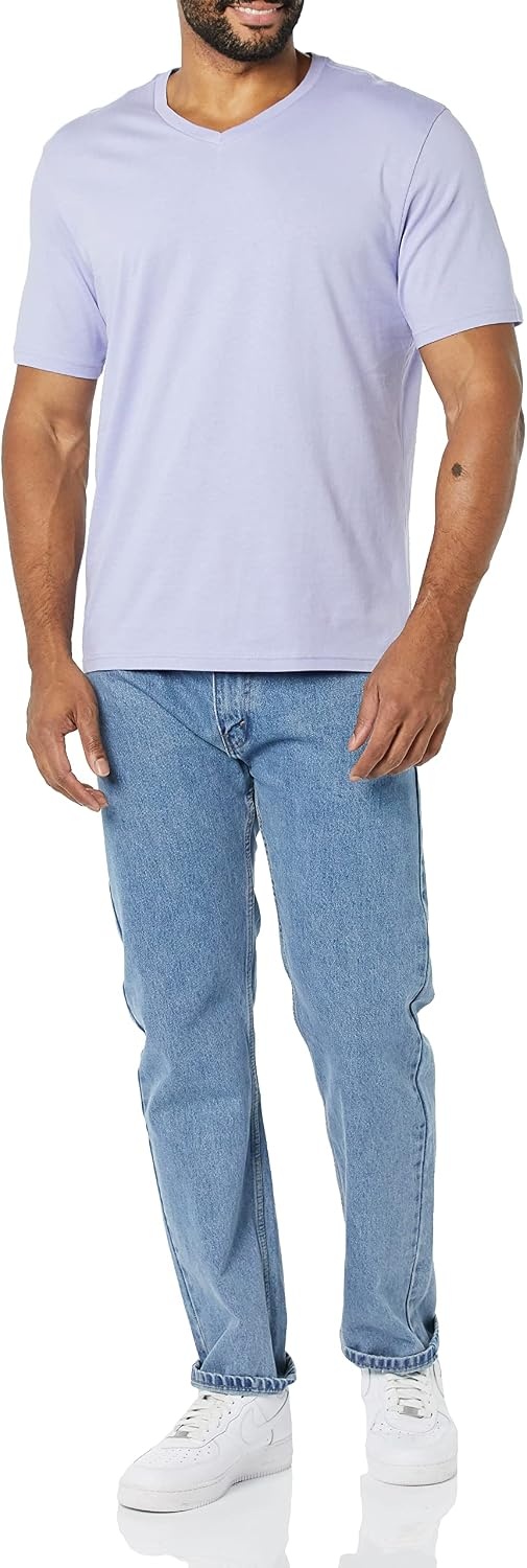 image:imageAmazon Essentials Mens Cotton ShortSleeve VNeck TShirts Pack of 2Washed BlueLavender