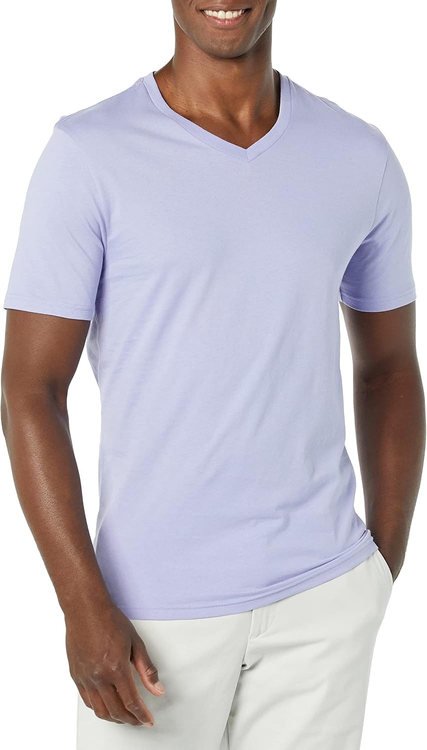 image:imageAmazon Essentials Mens Cotton ShortSleeve VNeck TShirts Pack of 2Washed BlueLavender