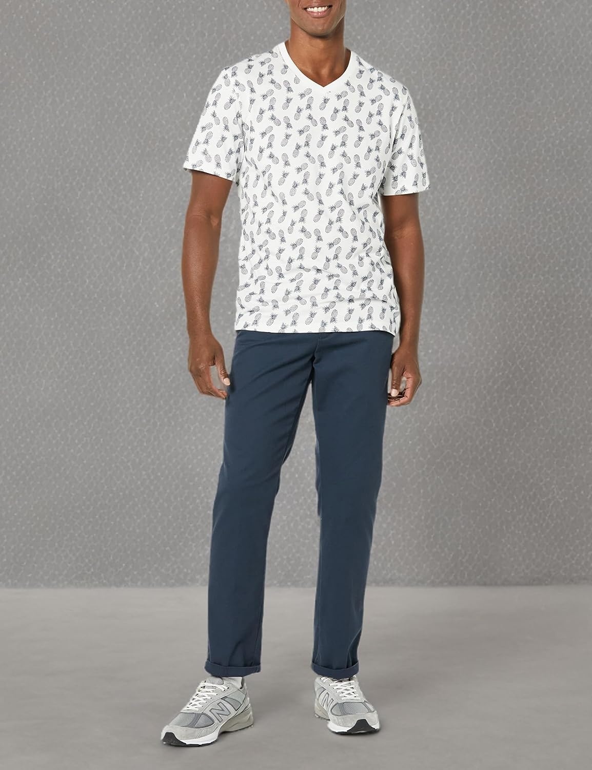 image:imageAmazon Essentials Mens Cotton ShortSleeve VNeck TShirts Pack of 2White Pineapple Print