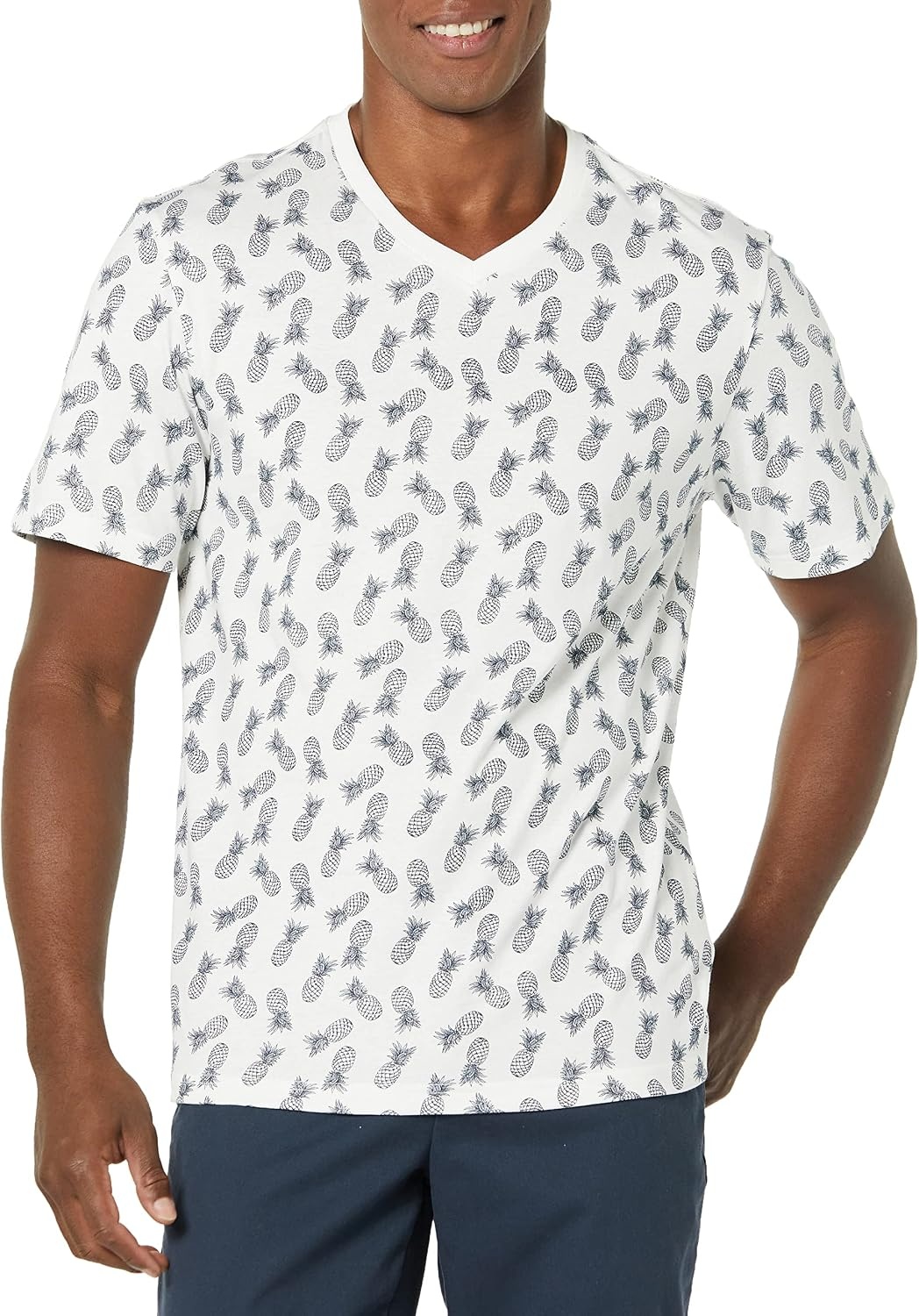 image:imageAmazon Essentials Mens Cotton ShortSleeve VNeck TShirts Pack of 2White Pineapple Print