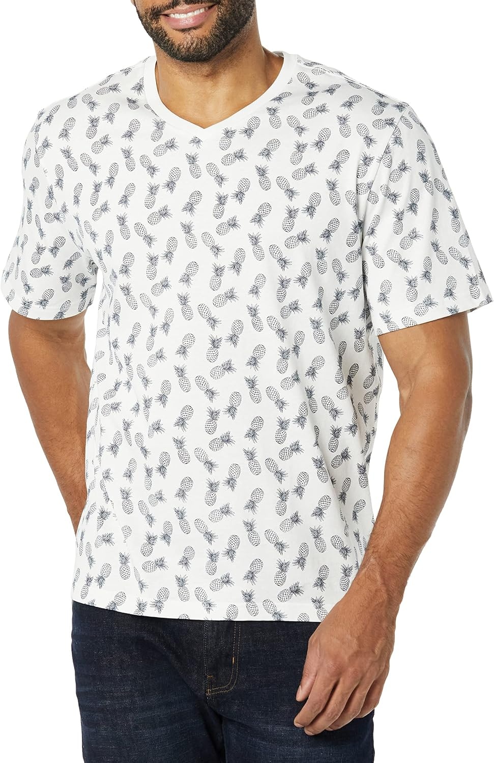 image:imageAmazon Essentials Mens Cotton ShortSleeve VNeck TShirts Pack of 2White Pineapple Print