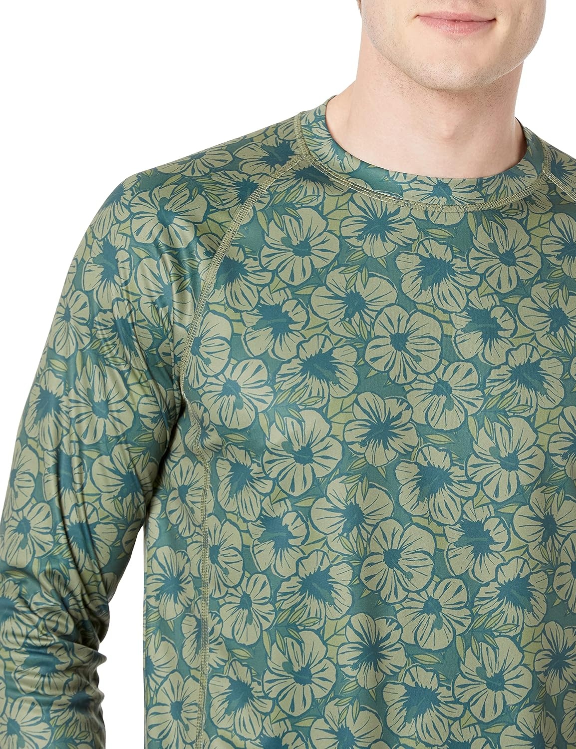 image:imageAmazon Essentials Mens LongSleeve QuickDry UPF 50 Swim TeeOlive Hibiscus