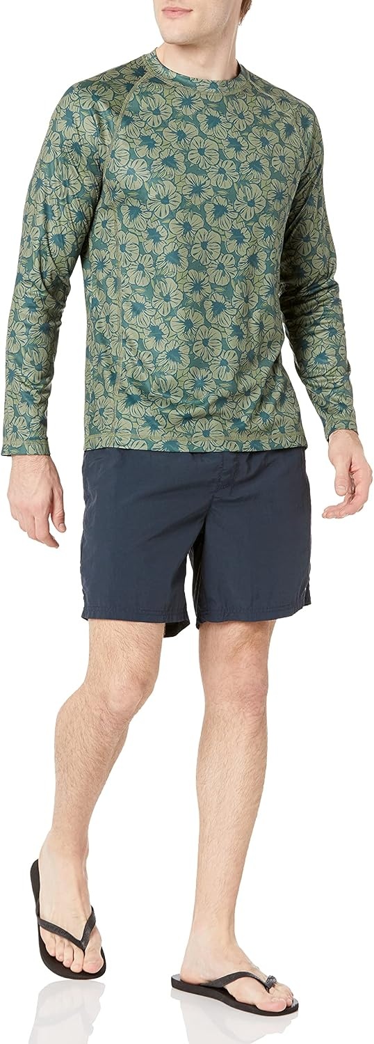 image:imageAmazon Essentials Mens LongSleeve QuickDry UPF 50 Swim TeeOlive Hibiscus
