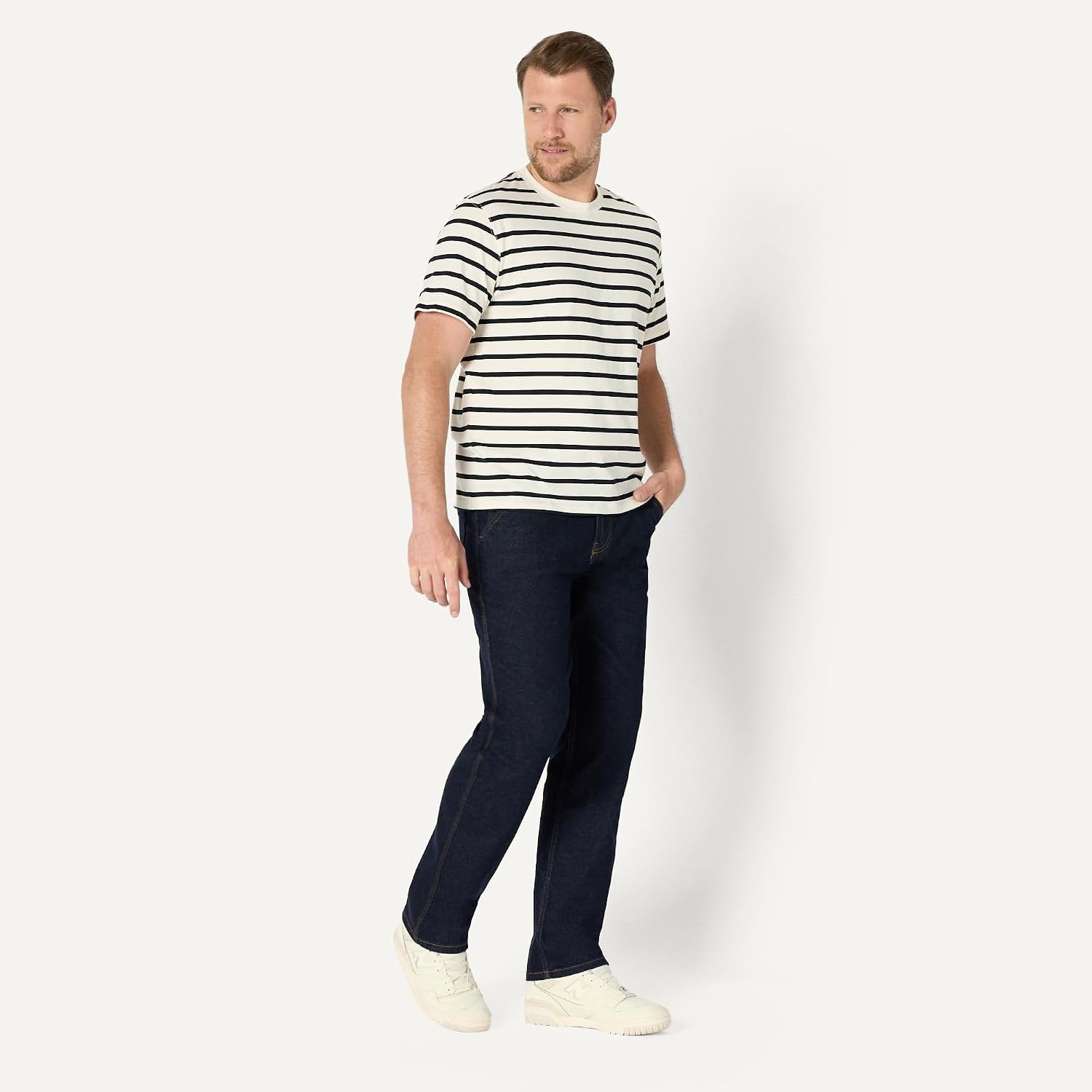 image:imageAmazon Essentials Mens Relaxed Fit Cotton Jersey TShirt Soft FabricEggshell White Black Mariner Stripe