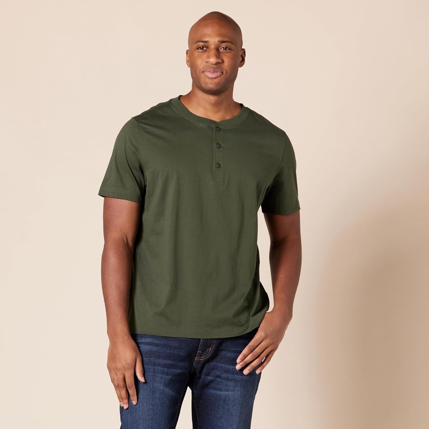 image:imageAmazon Essentials Mens ShortSleeve Cotton Henley TShirtBlackDark Olive