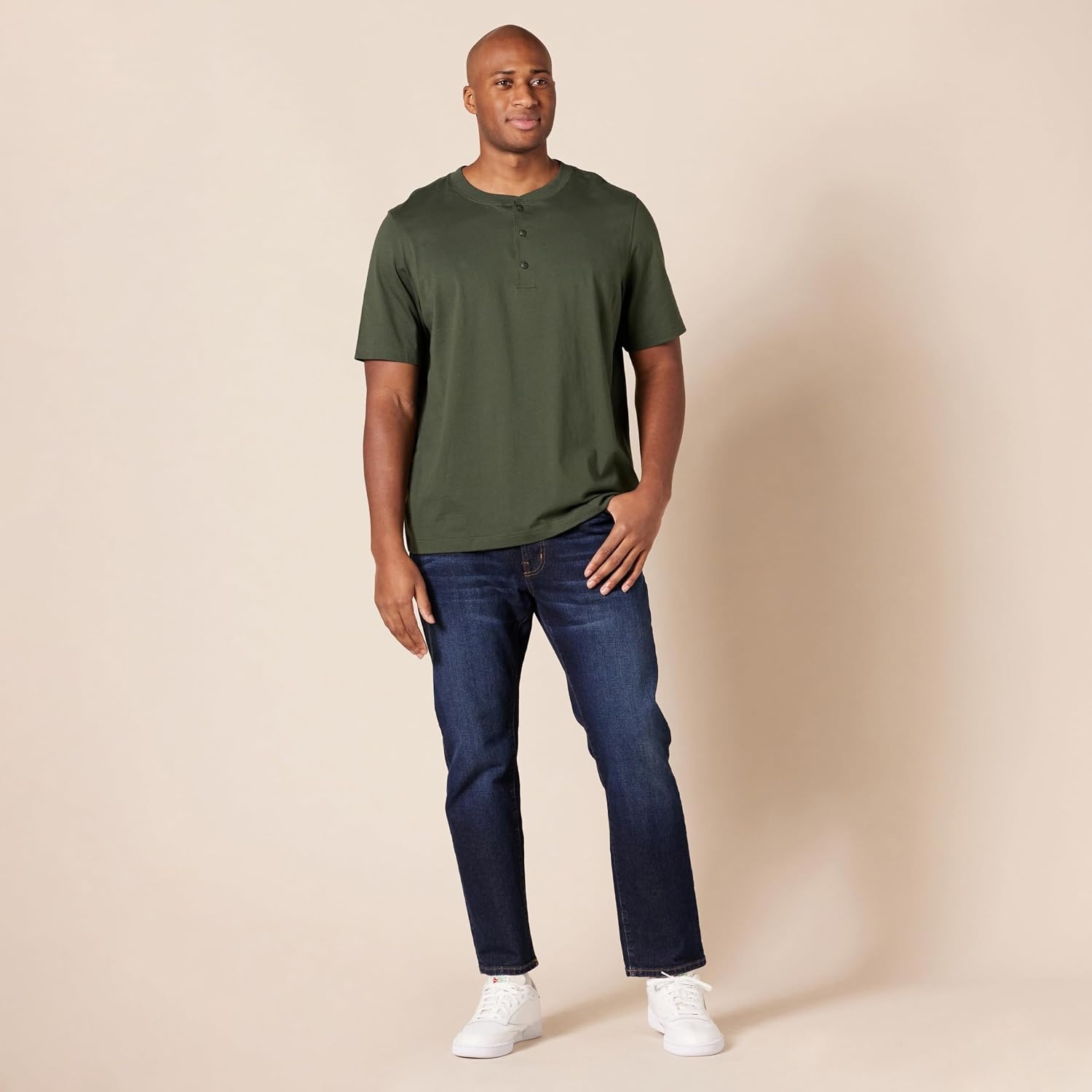 image:imageAmazon Essentials Mens ShortSleeve Cotton Henley TShirtBlackOlive