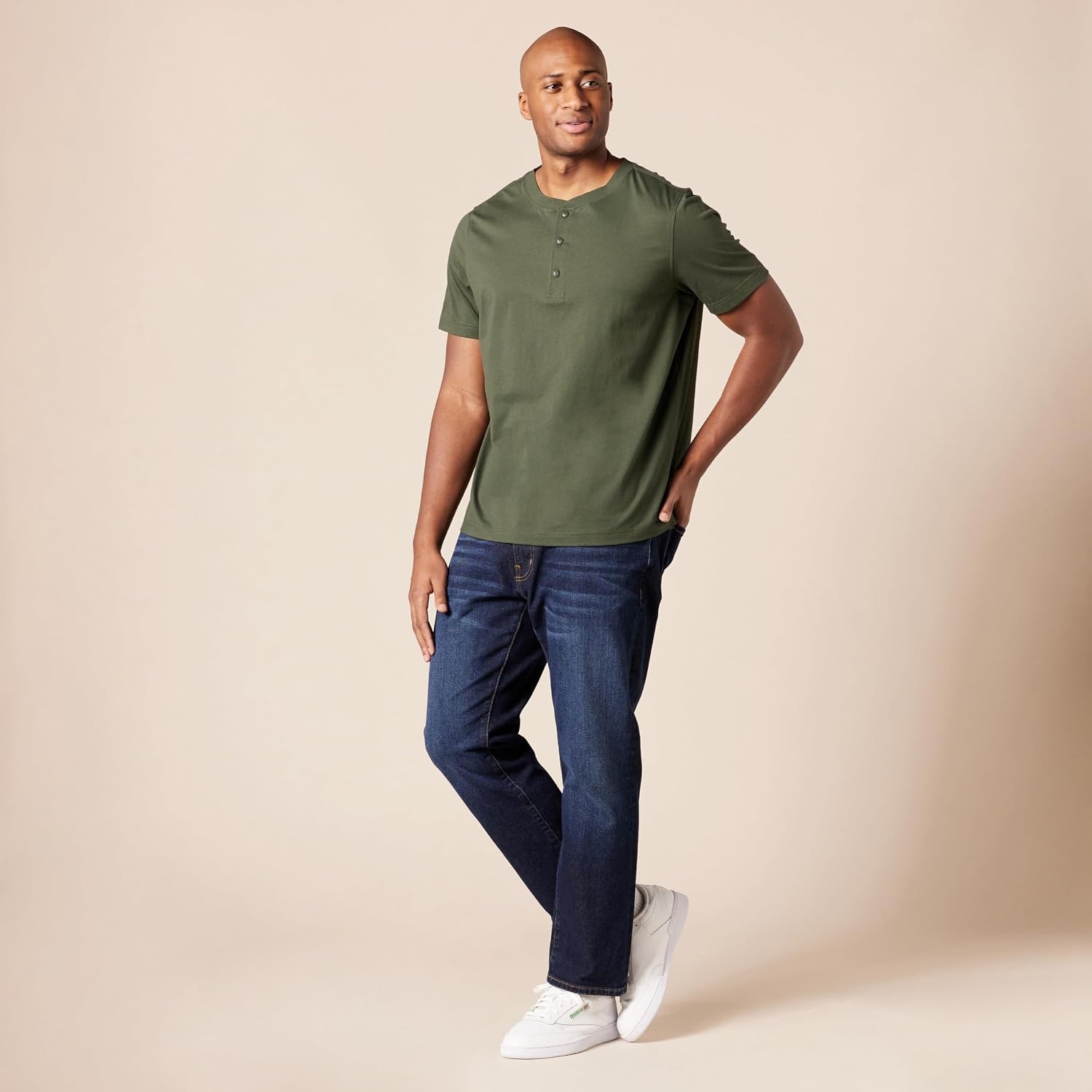 image:imageAmazon Essentials Mens ShortSleeve Cotton Henley TShirtDark OliveBlack
