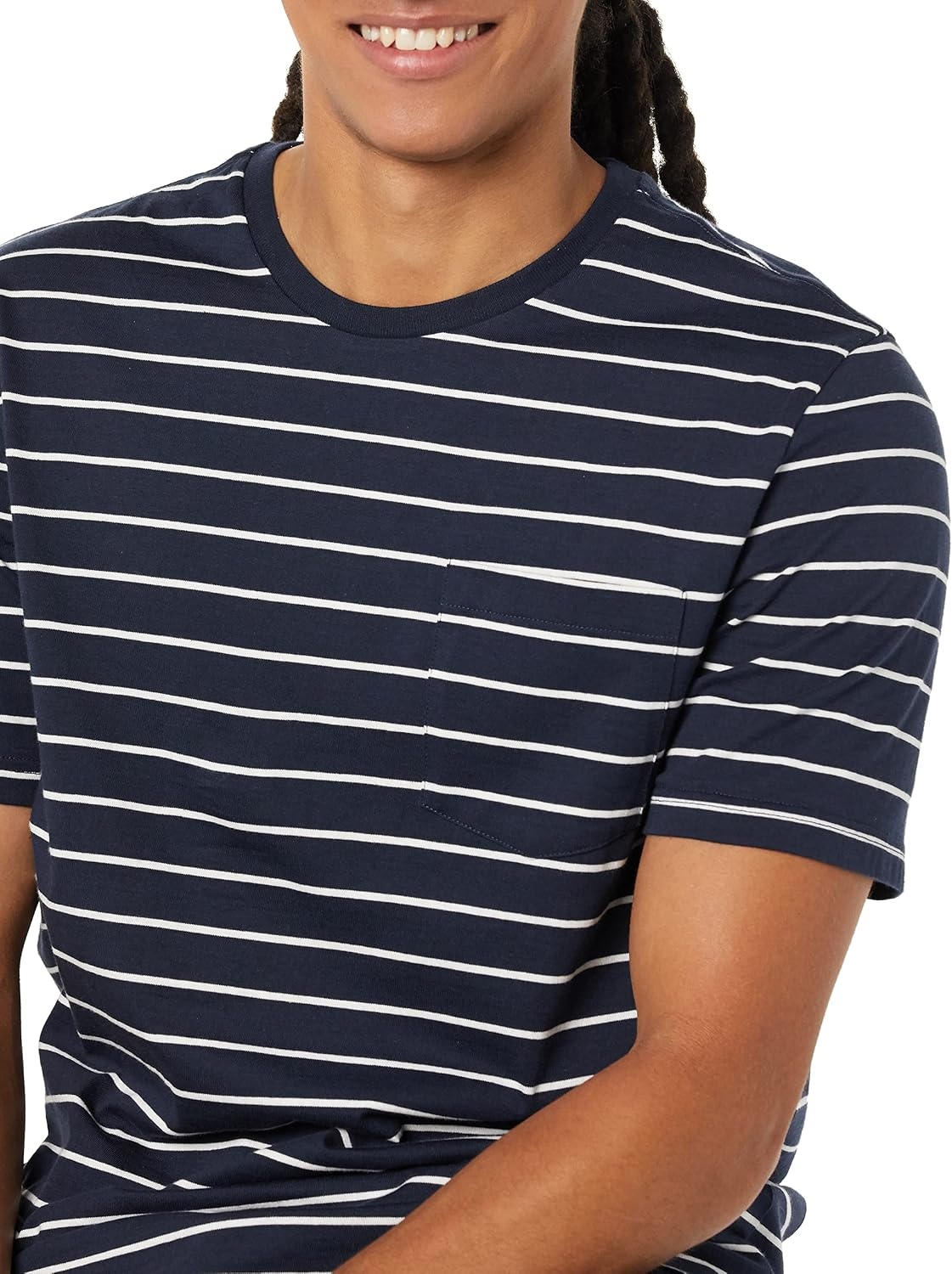 image:imageAmazon Essentials Mens ShortSleeve Crewneck Pocket TShirtsHeather GreyNavy Stripe