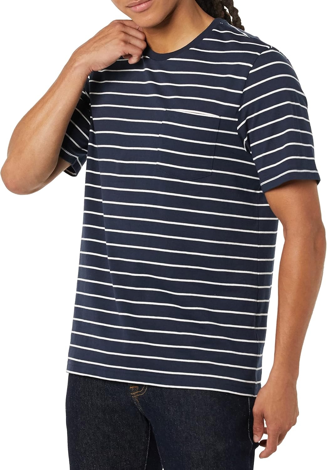 image:imageAmazon Essentials Mens ShortSleeve Crewneck Pocket TShirtsHeather GreyNavy Stripe