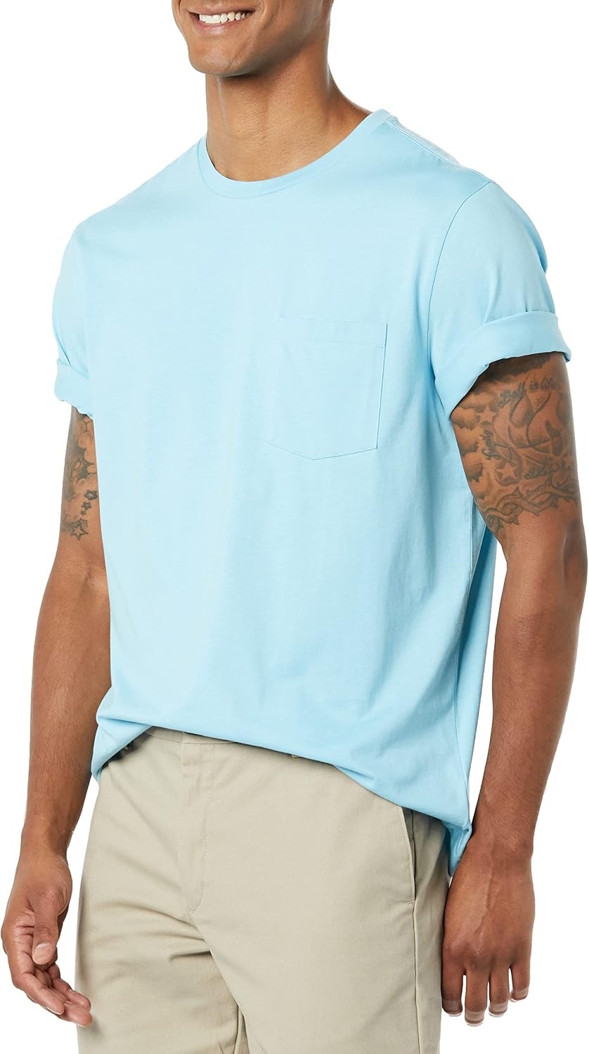 image:imageAmazon Essentials Mens ShortSleeve Crewneck Pocket TShirtsLight BlueLight Blue