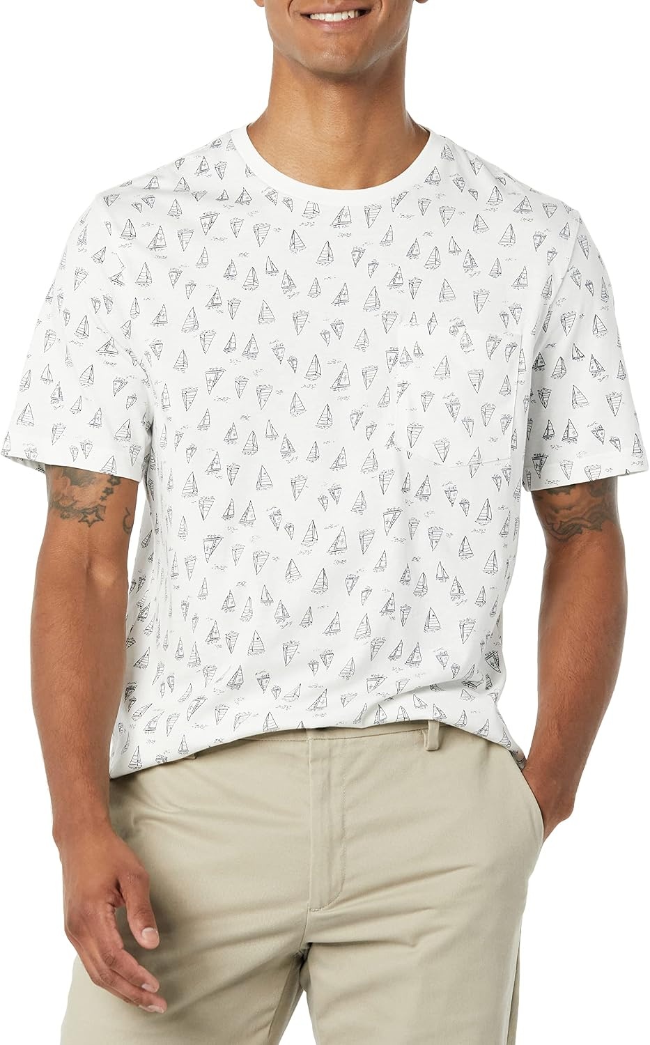 image:imageAmazon Essentials Mens ShortSleeve Crewneck Pocket TShirtsNavy Boat Print