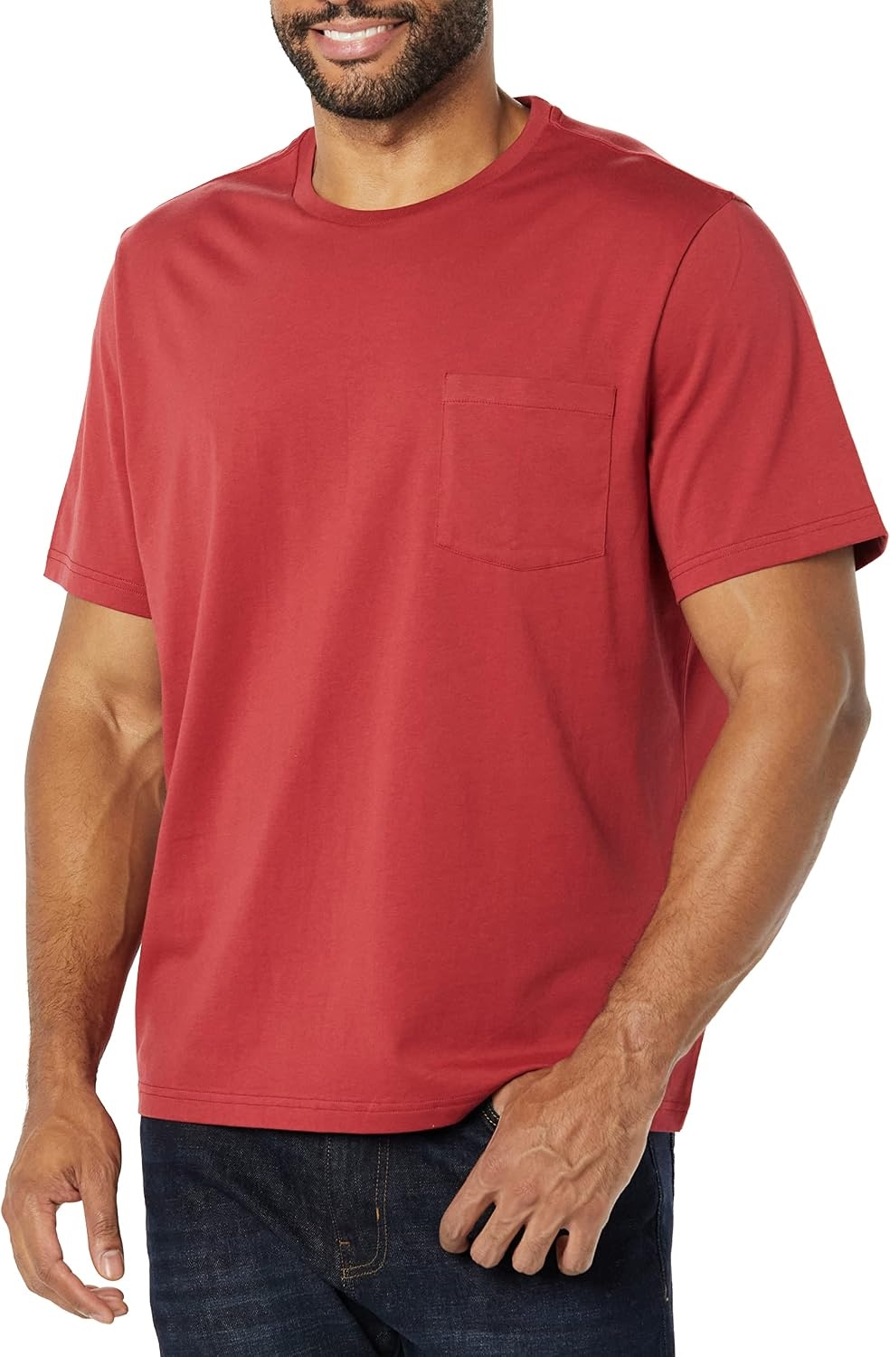 image:imageAmazon Essentials Mens ShortSleeve Crewneck Pocket TShirtsNavyDark Red