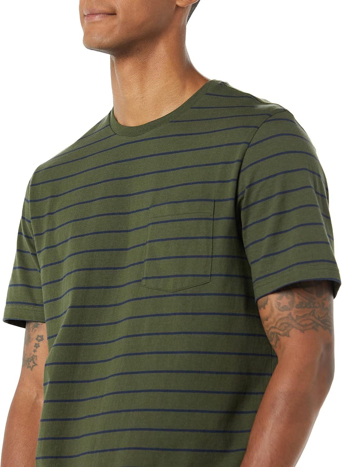 image:imageAmazon Essentials Mens ShortSleeve Crewneck Pocket TShirtsNavyOlive Stripe