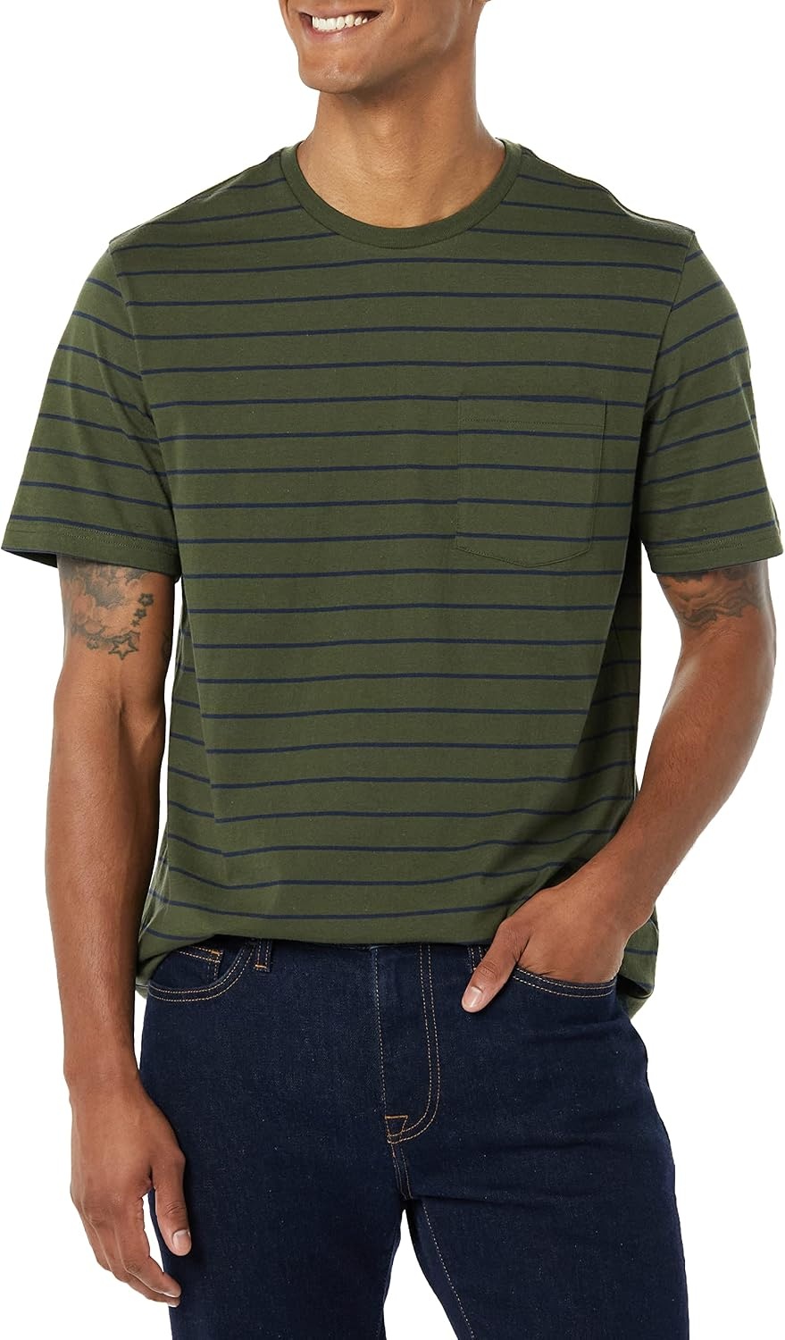 image:imageAmazon Essentials Mens ShortSleeve Crewneck Pocket TShirtsNavyOlive Stripe