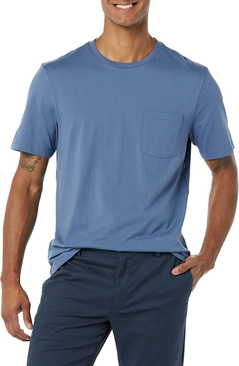 image:imageAmazon Essentials Mens ShortSleeve Crewneck Pocket TShirtsWashed Blue Tonal Floral Print