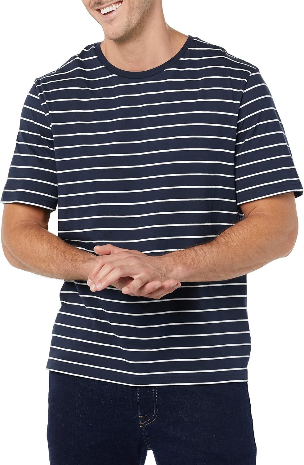 image:imageAmazon Essentials Mens SlimFit Crewneck Short Sleeve Cotton TShirtsHeather GreyNavy Stripe