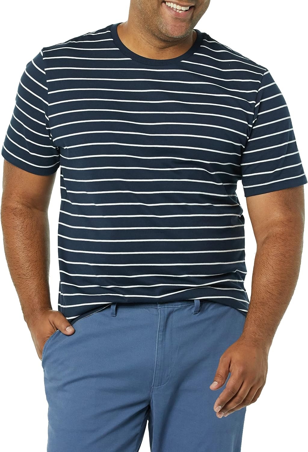 image:imageAmazon Essentials Mens SlimFit Crewneck Short Sleeve Cotton TShirtsHeather GreyNavy Stripe