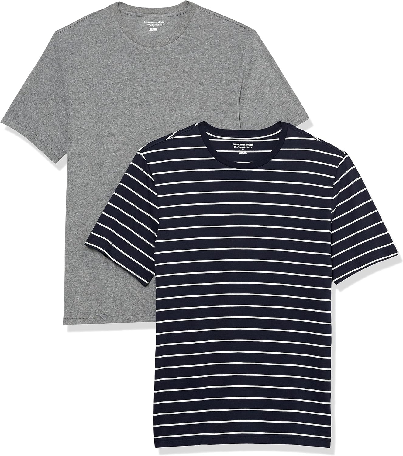 image:imageAmazon Essentials Mens SlimFit Crewneck Short Sleeve Cotton TShirtsHeather GreyNavy Stripe
