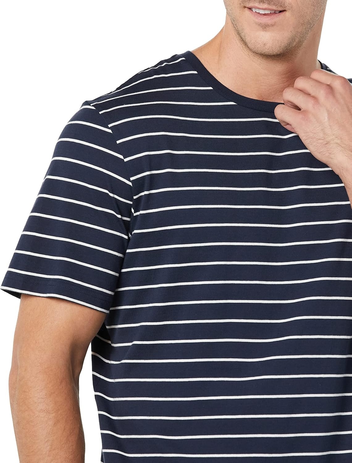 image:imageAmazon Essentials Mens SlimFit Crewneck Short Sleeve Cotton TShirtsHeather GreyNavy Stripe
