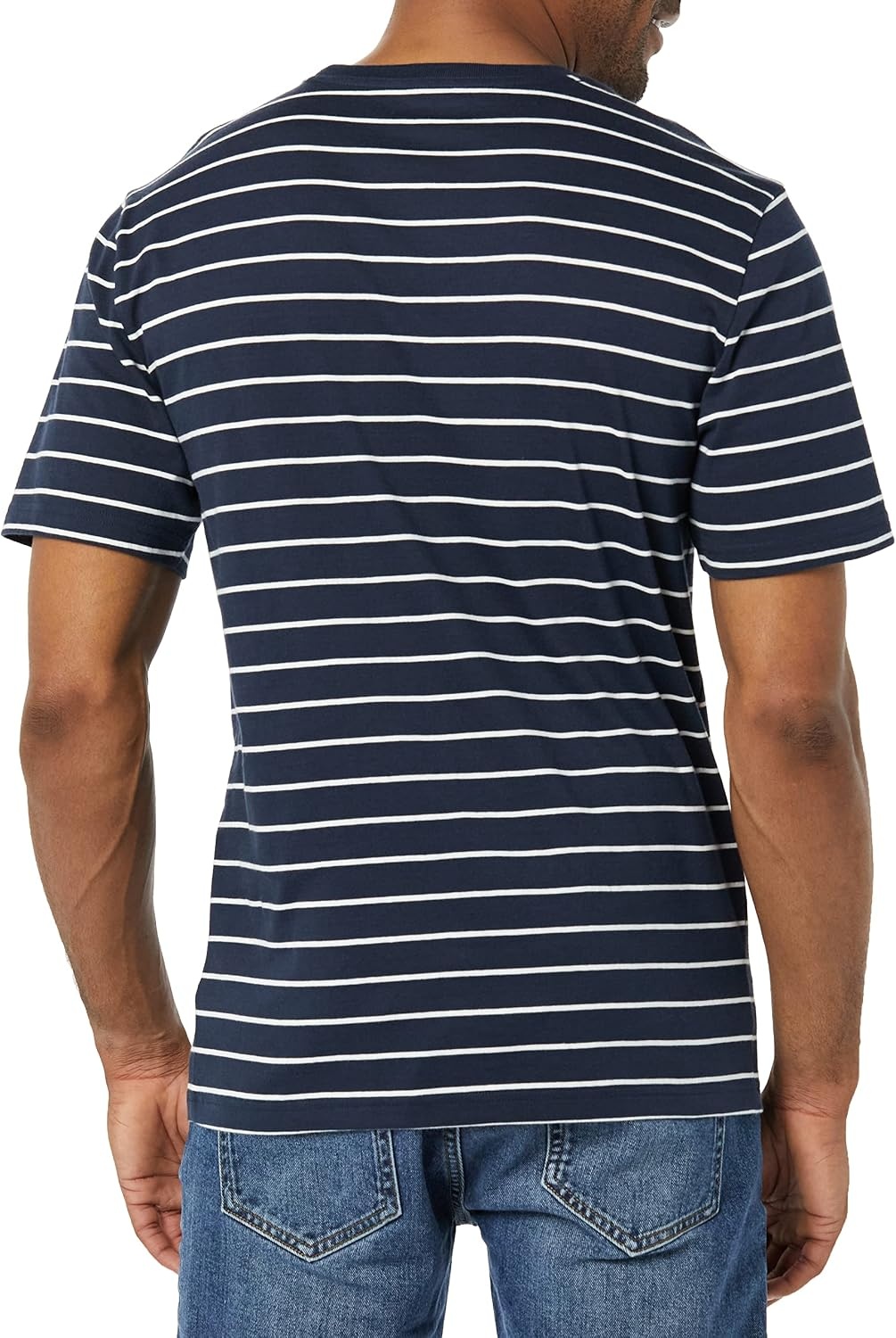 image:imageAmazon Essentials Mens SlimFit Crewneck Short Sleeve Cotton TShirtsHeather GreyNavy Stripe