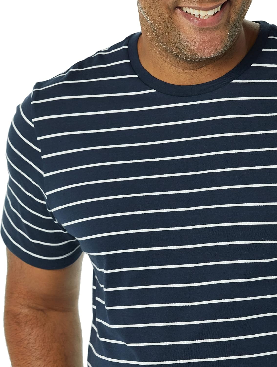 image:imageAmazon Essentials Mens SlimFit Crewneck Short Sleeve Cotton TShirtsHeather GreyNavy Stripe