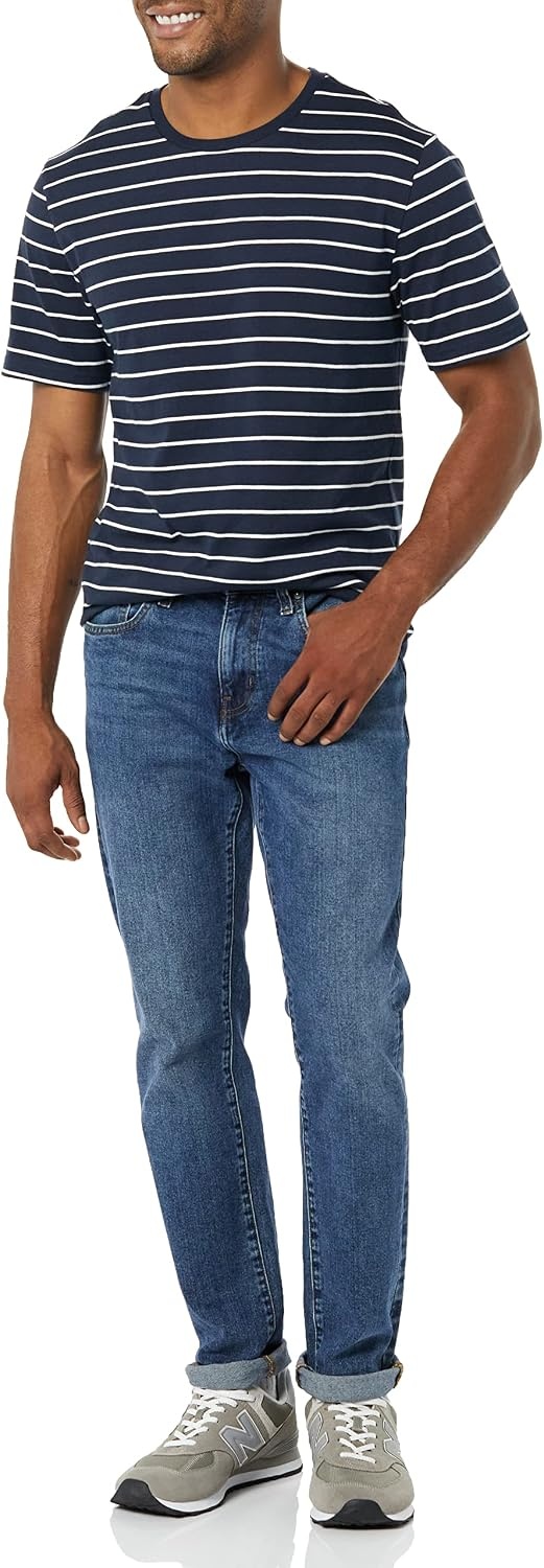 image:imageAmazon Essentials Mens SlimFit Crewneck Short Sleeve Cotton TShirtsHeather GreyNavy Stripe