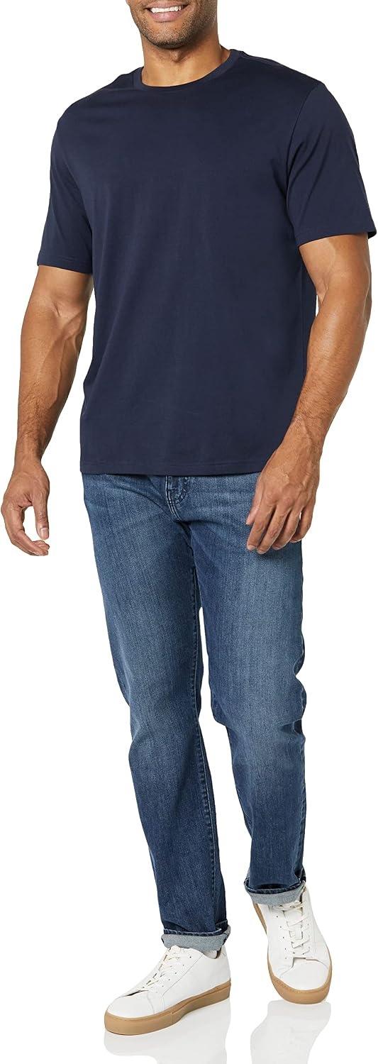 image:imageAmazon Essentials Mens SlimFit Crewneck Short Sleeve Cotton TShirtsNavyOlive Stripe