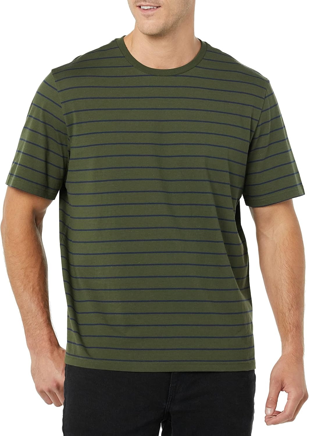 image:imageAmazon Essentials Mens SlimFit Crewneck Short Sleeve Cotton TShirtsNavyOlive Stripe