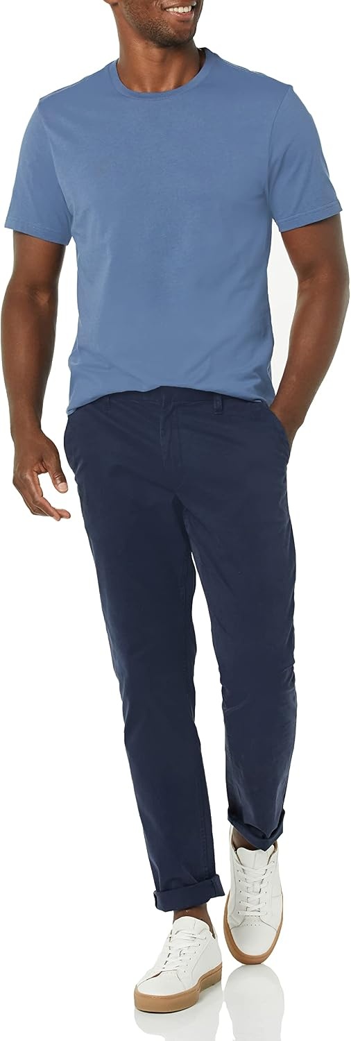 image:imageAmazon Essentials Mens SlimFit Crewneck Short Sleeve Cotton TShirtsWashed Blue Tonal Floral Print