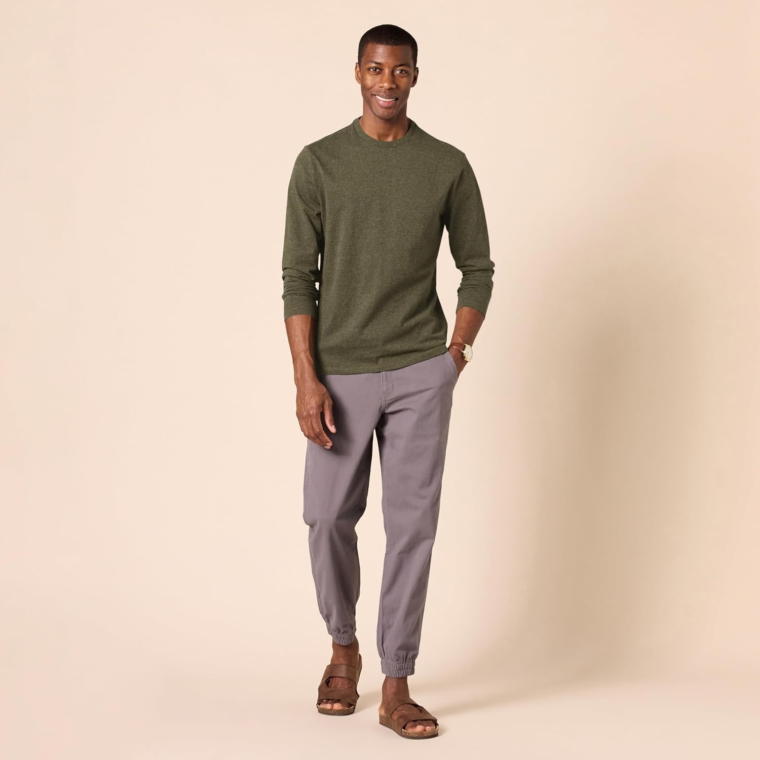 image:imageAmazon Essentials Mens SlimFit Long Sleeve TShirtOlive Heather