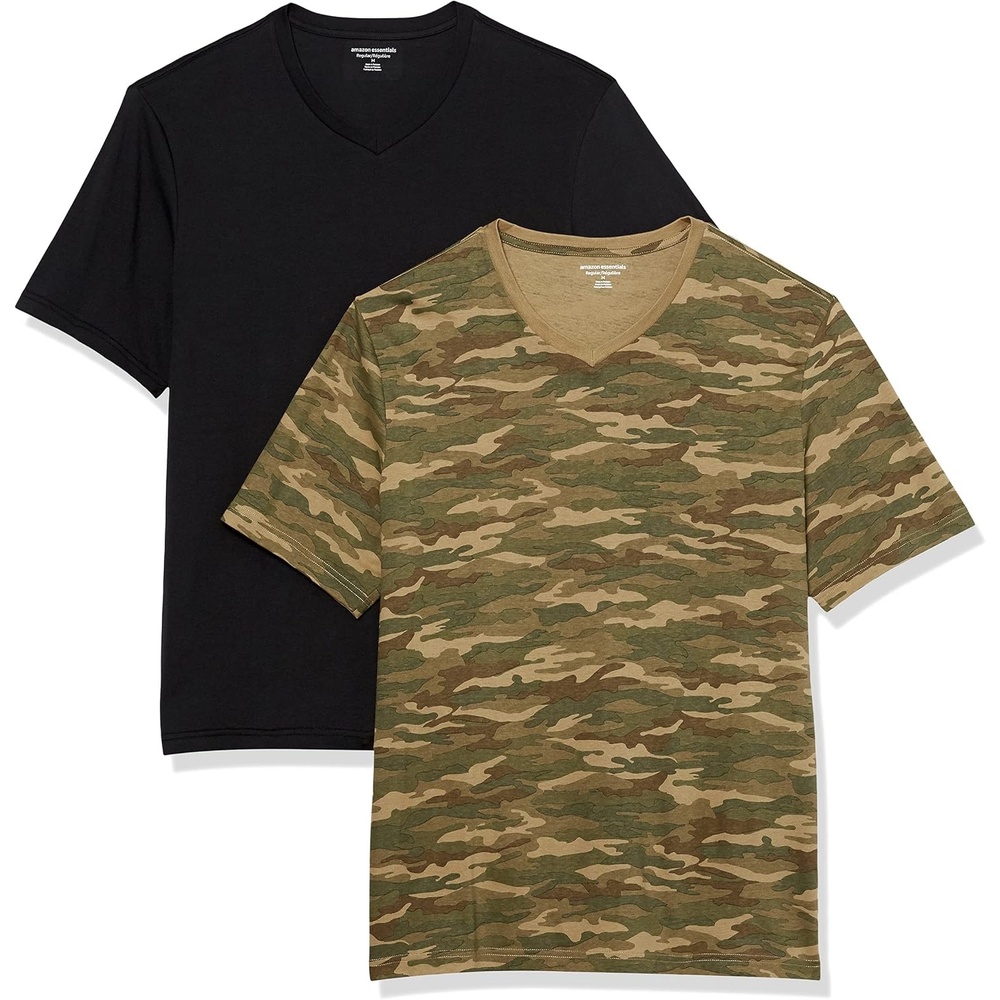 image:imageAmazon Essentials Mens Cotton ShortSleeve VNeck TShirts Pack of 2Black Camo Print