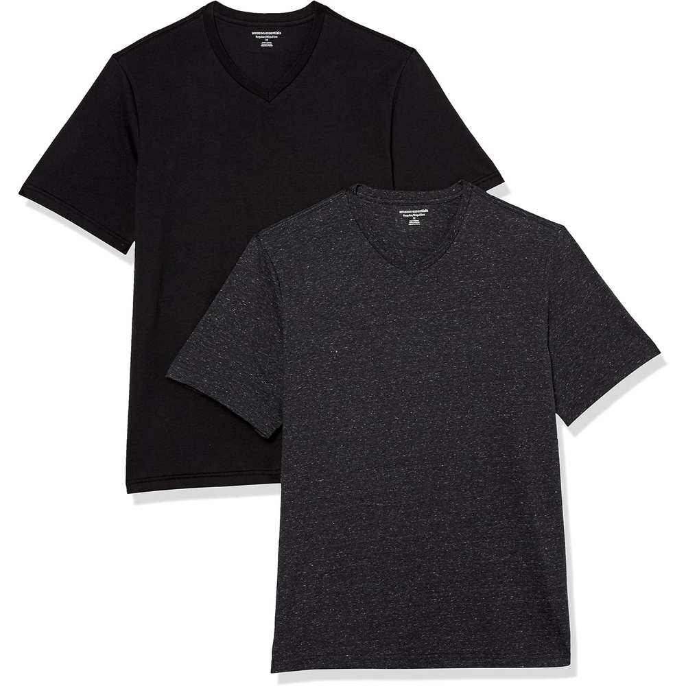 image:imageAmazon Essentials Mens Cotton ShortSleeve VNeck TShirts Pack of 2BlackCharcoal Heather