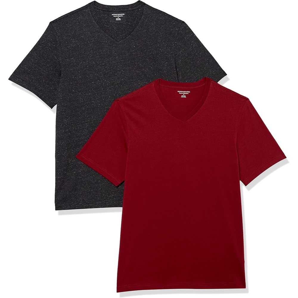 image:imageAmazon Essentials Mens Cotton ShortSleeve VNeck TShirts Pack of 2Charcoal HeatherBurgundy