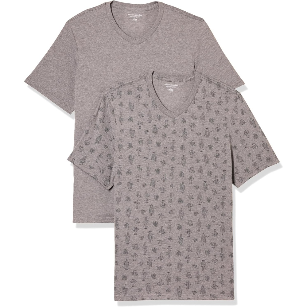 image:imageAmazon Essentials Mens Cotton ShortSleeve VNeck TShirts Pack of 2Heather Grey Cactus Print