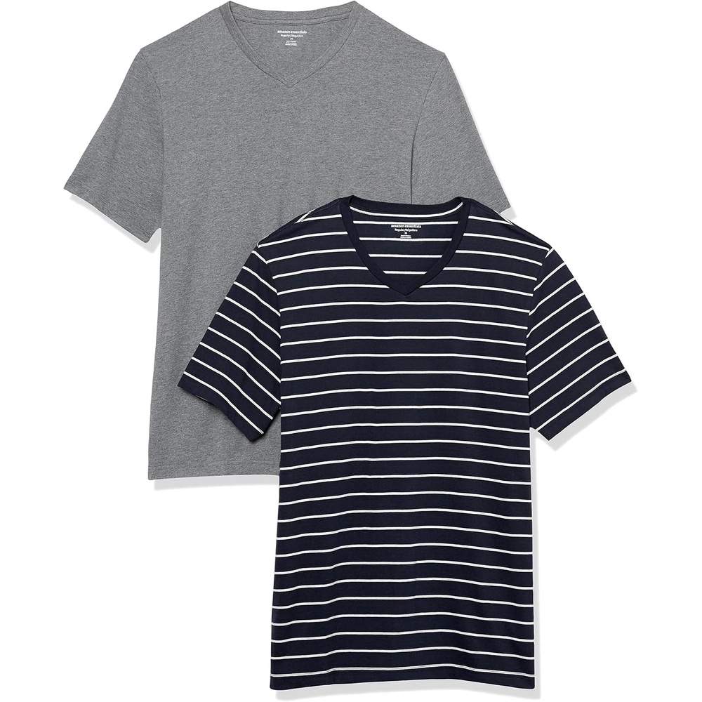 image:imageAmazon Essentials Mens Cotton ShortSleeve VNeck TShirts Pack of 2Heather GreyNavy Stripe