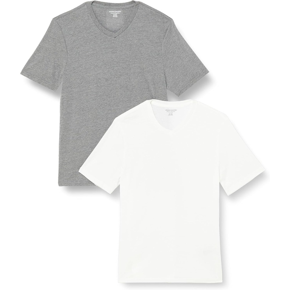 image:imageAmazon Essentials Mens Cotton ShortSleeve VNeck TShirts Pack of 2Heather GreyWhite