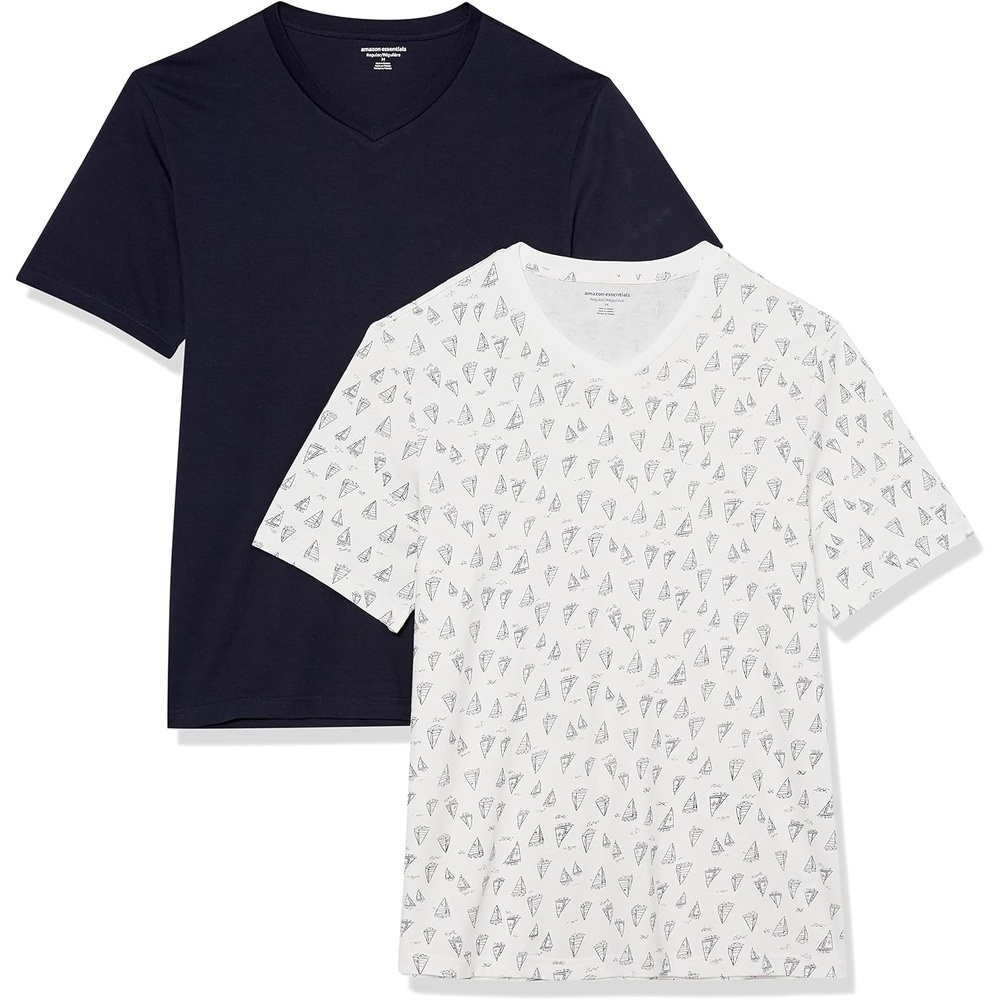 image:imageAmazon Essentials Mens Cotton ShortSleeve VNeck TShirts Pack of 2Navy Boat Print
